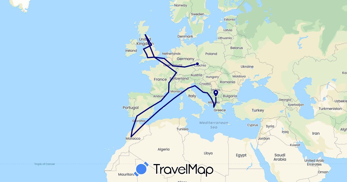 TravelMap itinerary: driving in Albania, Bosnia and Herzegovina, Belgium, Czech Republic, Germany, Spain, France, United Kingdom, Croatia, Italy, Luxembourg, Morocco, Montenegro, Macedonia, Kosovo (Africa, Europe)