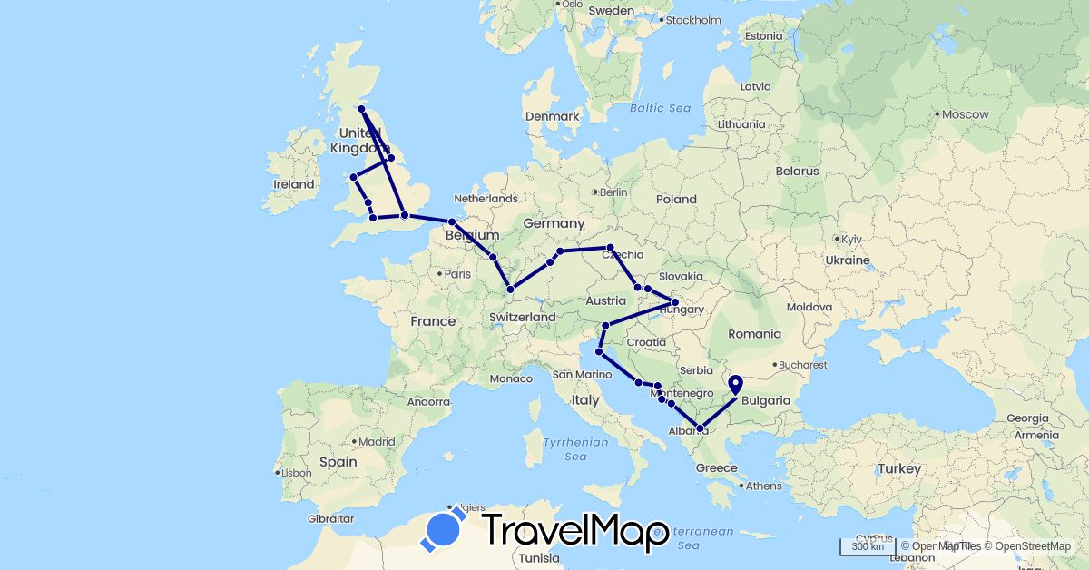 TravelMap itinerary: driving in Austria, Bosnia and Herzegovina, Belgium, Bulgaria, Czech Republic, Germany, France, United Kingdom, Croatia, Hungary, Luxembourg, Montenegro, Macedonia, Slovenia, Slovakia (Europe)